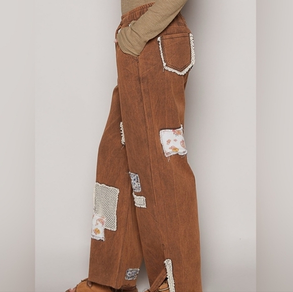 POL Brown Patchwork Boho Wide Leg Cotton Pants NEW - Picture 2 of 8